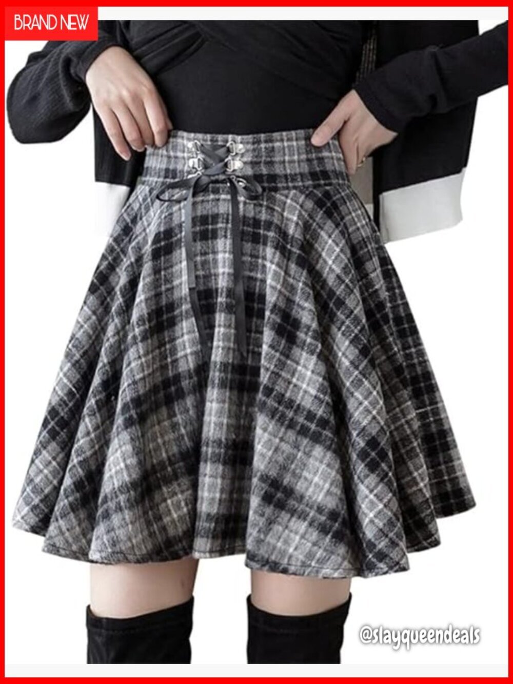 Wool Blend High Waist Pleated Mini Skirt with Lace Up Front